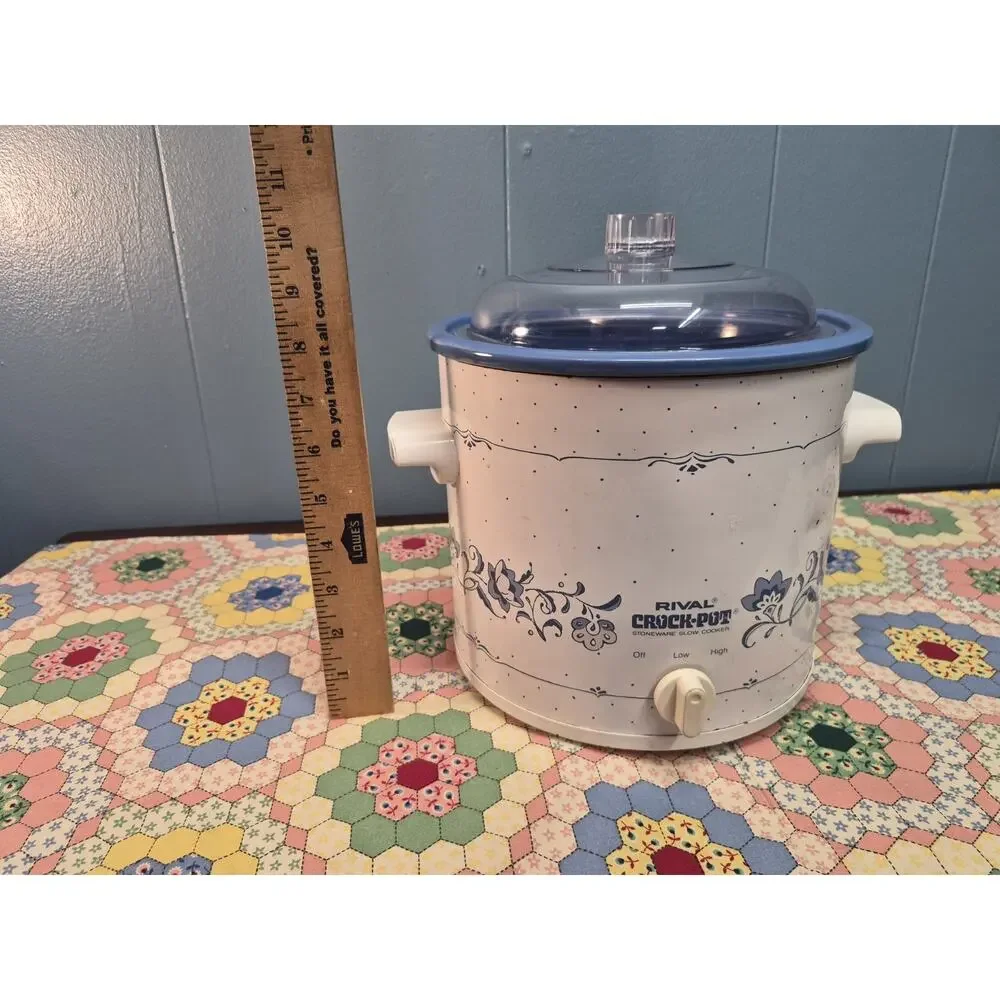 Vintage Rival Crock Pot Stoneware Slow Cooker 3.5qt Blue Floral #3100 Tested